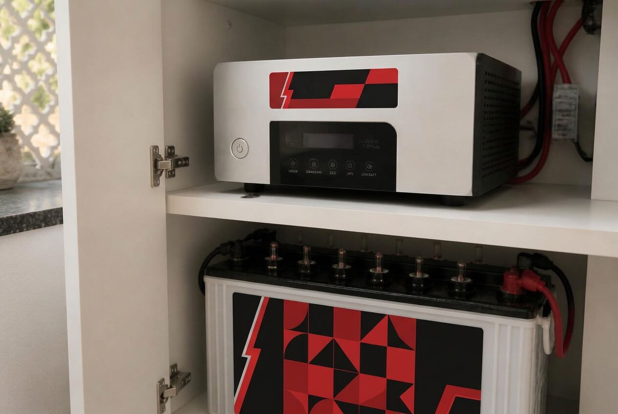 Pure sine wave inverter installed neatly above a tubular home battery