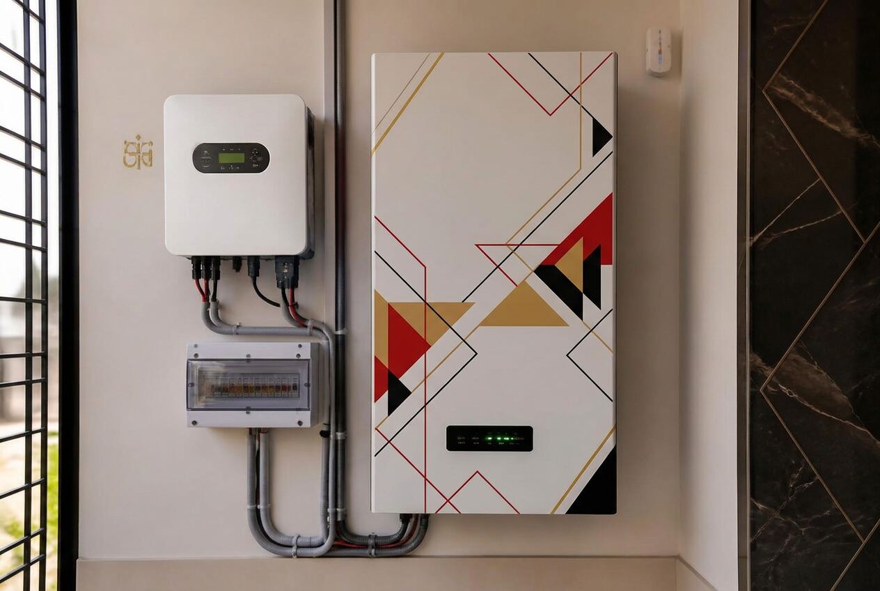 Wall-mounted lithium storage battery installed beside a hybrid inverter with tidy conduits