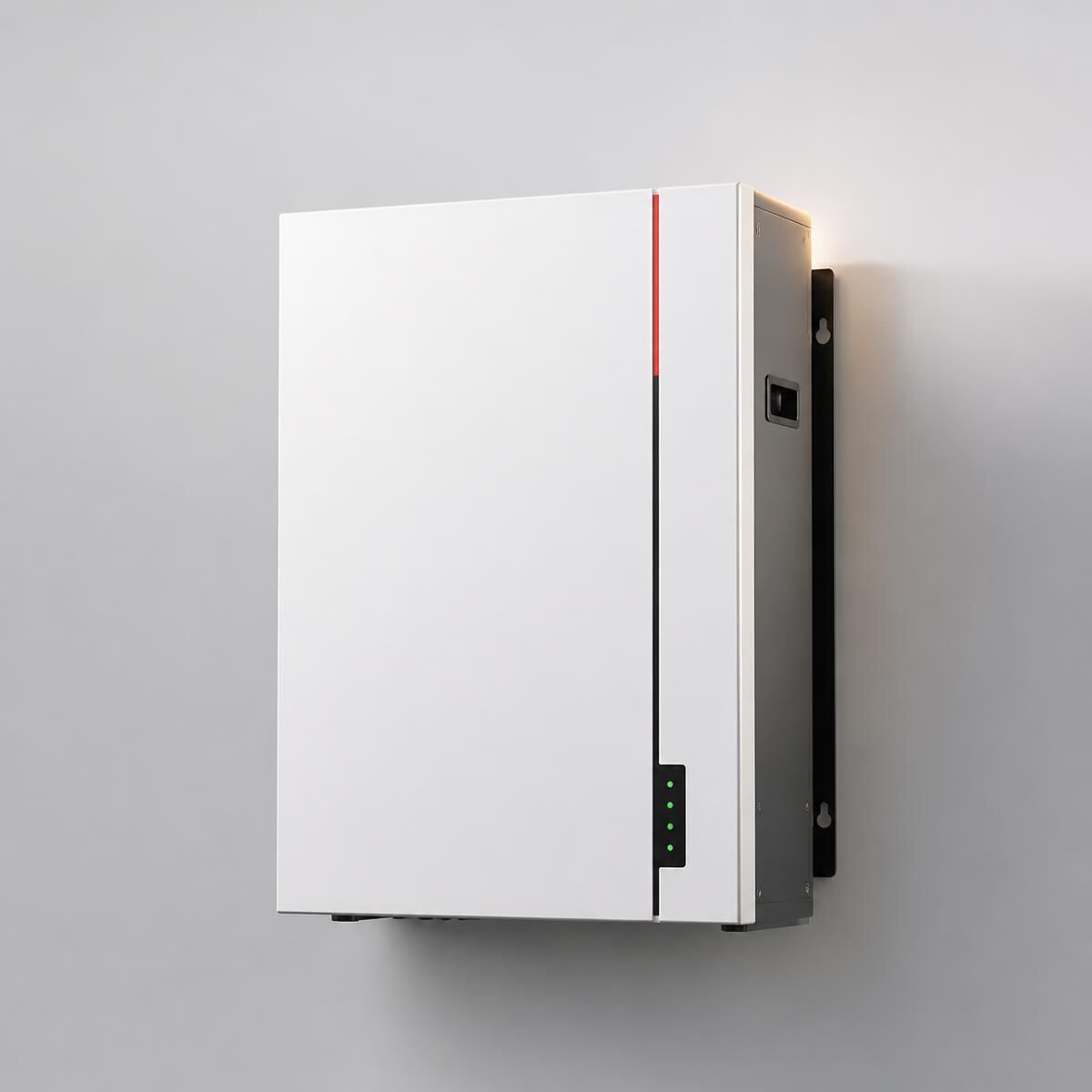 Wall-mounted Qwik-style lithium battery module photographed on a plain studio background