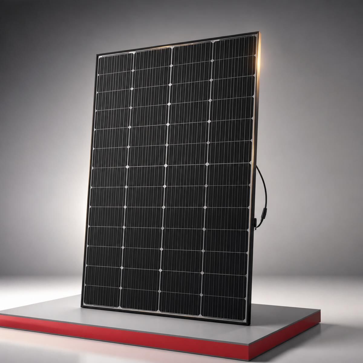 Monocrystalline solar panel photographed on a clean studio plinth