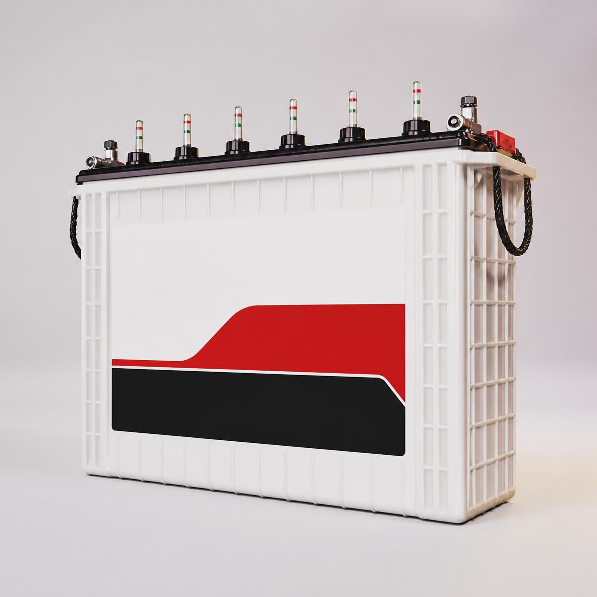 Qwik-style tall tubular inverter battery photographed on a plain studio background