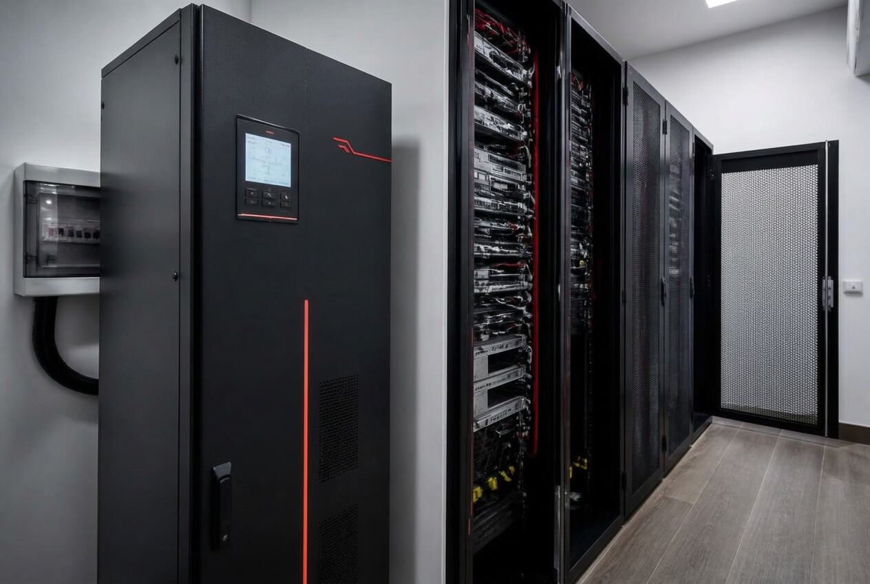 Online UPS cabinet installed beside organized server racks in a small business equipment room
