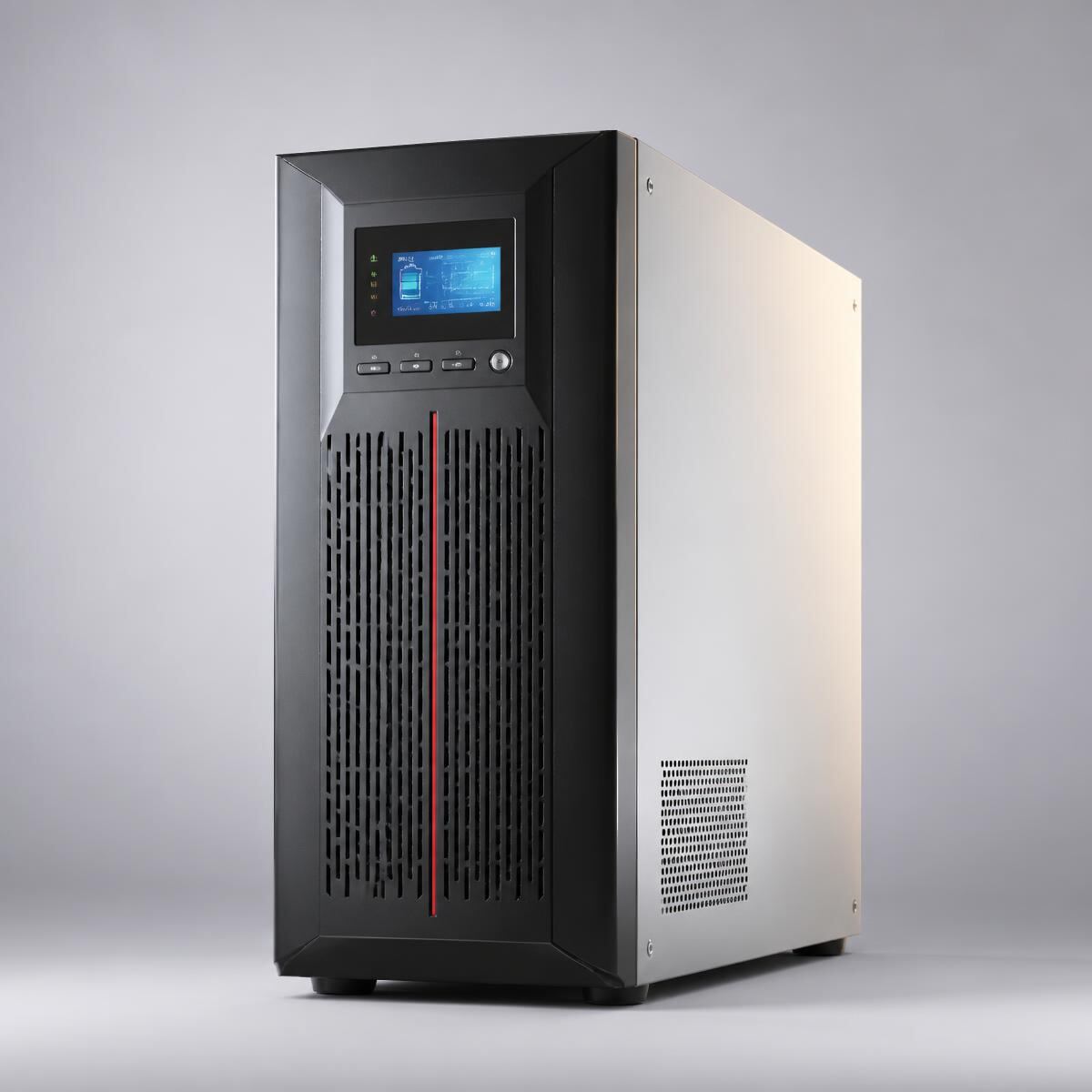 Online UPS tower photographed on a plain studio background